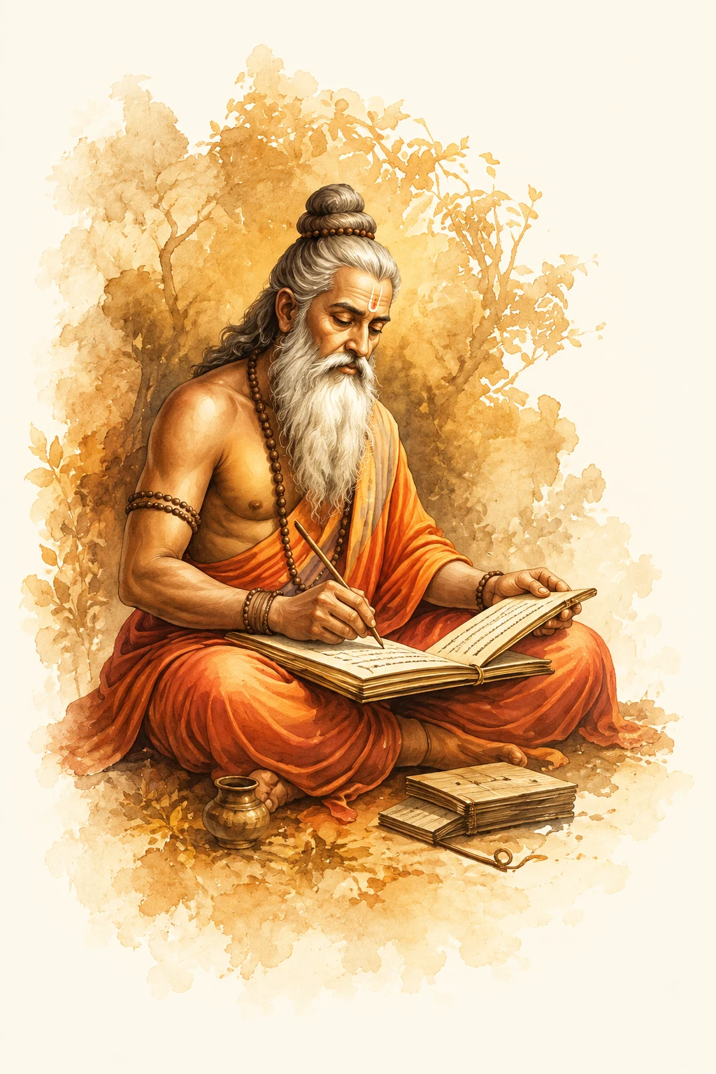 Watercolor illustration of Maharshi Parashara studying a manuscript
