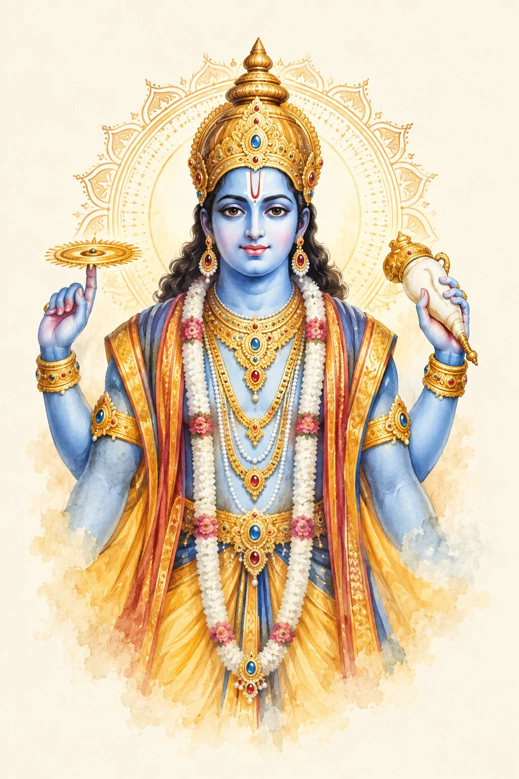 Traditional watercolor illustration of Lord Vishnu